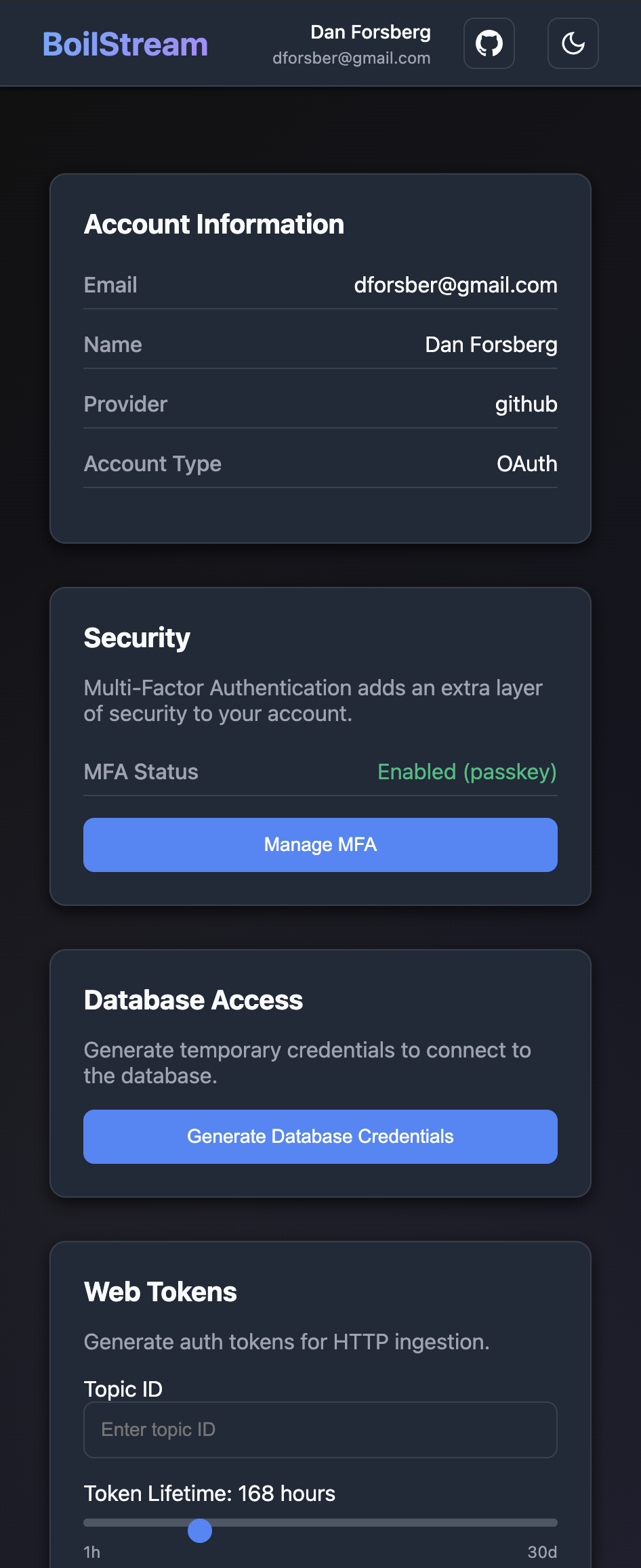 Dashboard with Credentials